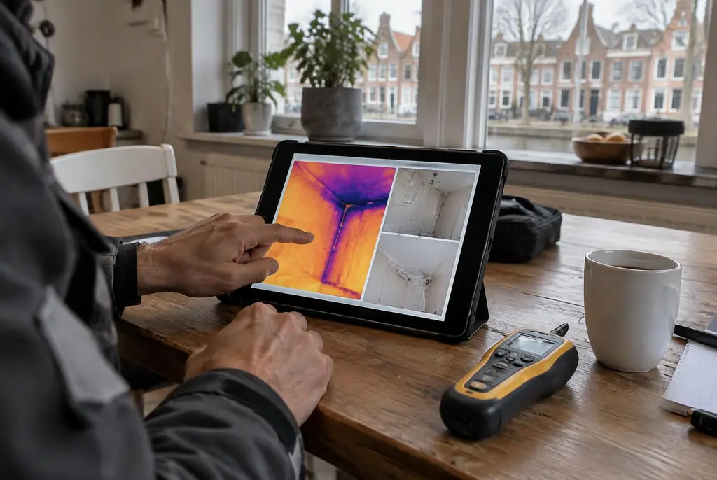 Lekdetectie Hoogland – lekdetectierapport met warmtebeelden en foto's op een tablet