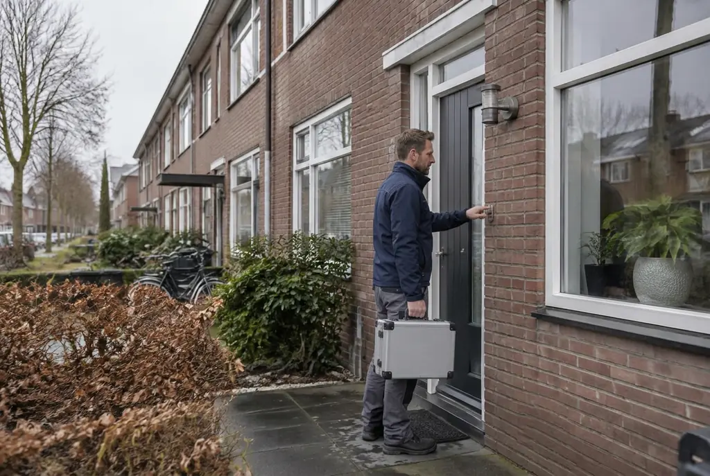 Lekdetectiespecialist met meetkoffer bij de voordeur van een woning in Hoogland